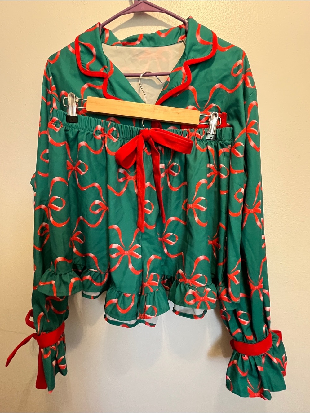 Womens Green Red Bow-Print Long Sleeve Christmas Holiday Pajamas Sleepwear XL